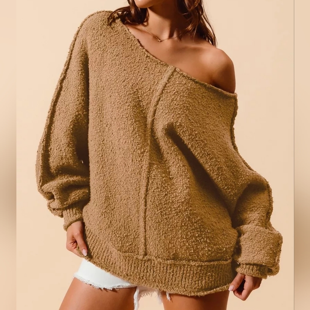 SO ME Loose Fit Exposed Seam Slouchy Boucle Sweater
